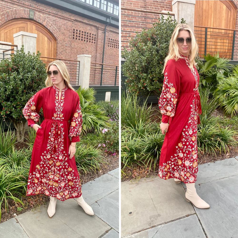 Sue Sartor Silk Moroccan Band Collar Kaftan / Maxi Dress in Cinnabar Red,  Sz L - Picture 3 of 16